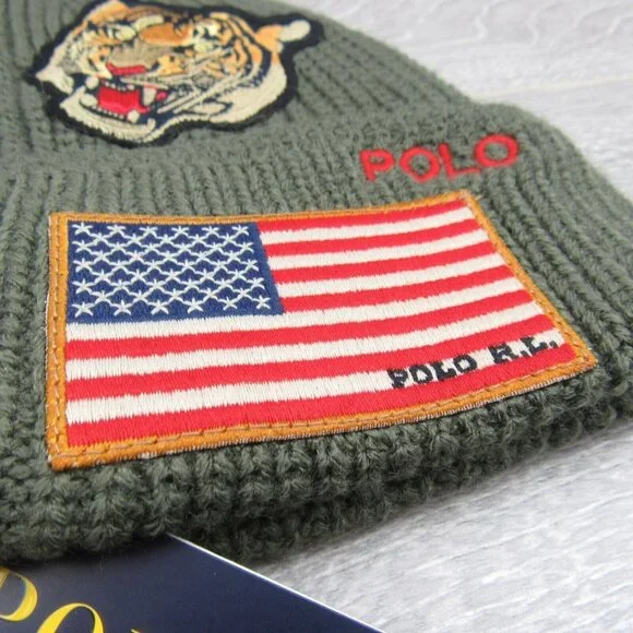 Polo Ralph Lauren Patch RL Tiger USA Green Skull Beanie Cap One Size NEW - Picture 5 of 11